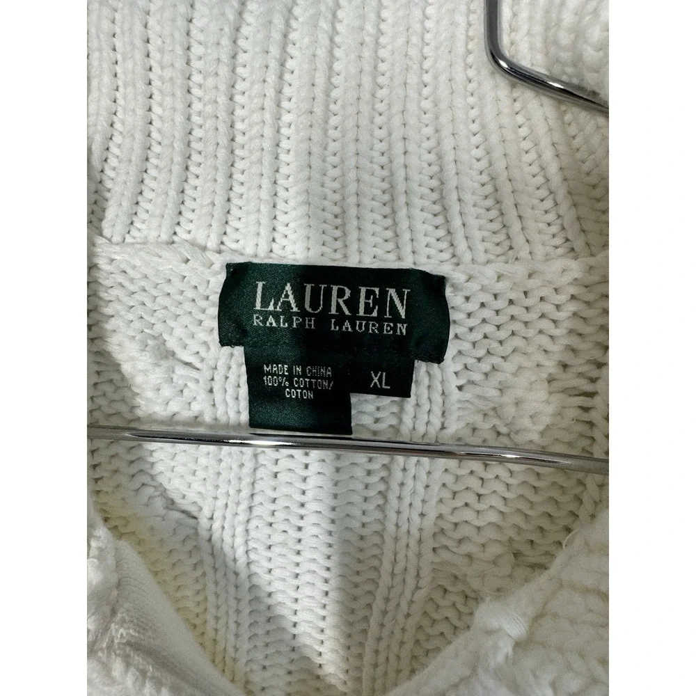 Lauren Ralph Lauren White Chunky Cable Knit Button Up Mock Neck Cardigan Size XL